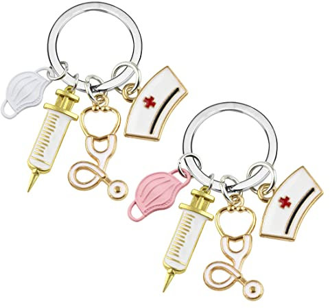 2 Stücke schlüsselanhänger krankenschwester Arzt Arzthelferin Medizinstudent Geschenk Krankenschwester Schlüsselanhänger mit Spritze Mütze und Stethoskop Metall Schlüsselanhänger Hängen Anhänger