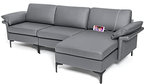 RELAX4LIFE 2/3 Seater Sofa Set, Faux Leather Upholstered Sofa with USB & 3-hole Ports, Storage Boxes, Sectional Accent Couch for Living Room Bedroom (3 Seater with Reversible Chaise Lounge, Grey)