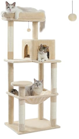 MUTTROS Cat Tree for Large Cats Adult with Metal Plush Big Hammock, 56.3 Cat Tower with 2 Door Condo House, 6-Tier Cat Shelves with Scratching Posts and Large Top Perch, Beige