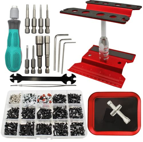 RC Car Repair Work Stand Repair Tool Set 360 Degree Rotation and 523 PCS RC Screws Kit & RC Screwdrivers and Screws Pallet Kit for 1/8 1/10 1/12 1/16 1/18 RC Crawler Car Truck Buggy (Red)