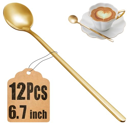12 Pcs Coffee Spoons Set, 6.7 Gold Tea Spoons Long Handle, Gold Small Teaspoons, Stainless Steel Espresso Spoon, Long Spoon for Stirring, Coffee Bar Accessories