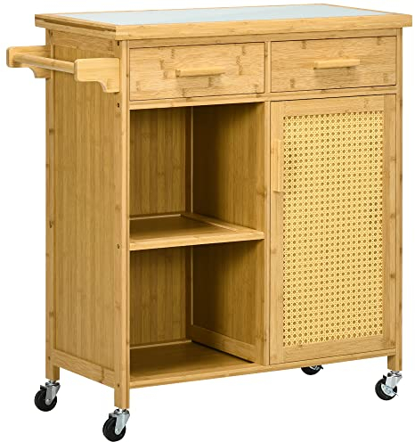 HOMCOM Chariot de cuisine avec tiroir, armoire, niveaux ouverts, chariot de service, chariot de rangement avec porte-serviettes, plateau en verre, bambou, naturel, 84 x 36 x 85 cm