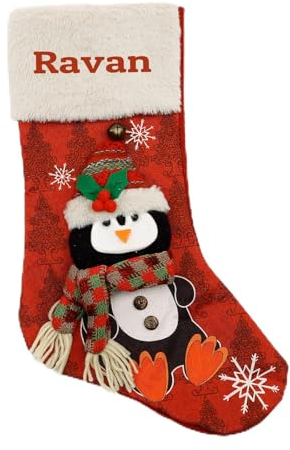 iDIY Personalisierte Nikolausstrumpf mit Namen Kinder - Individueller Name, Baumwolle & Leinen, Weihnachtsstrumpf Personalisiert - 3D Pinguin