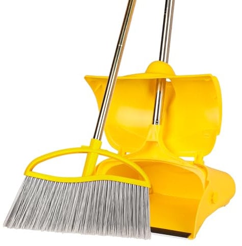 Long Handle Heavy Duty Broom and Dustpan Set, Outdoor and Commercial Upright Dustpan and Brush for Restaurant Garage Garden Yard Office, Yellow