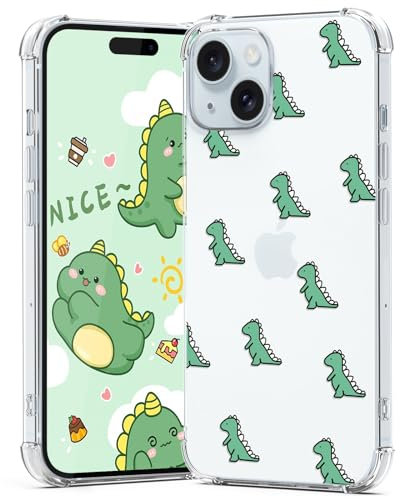 CAROKI Clear Case for iPhone 15, Anti-Yellowing with Cute Dinosaur Pattern, Shockproof Soft Silicon Cover Case