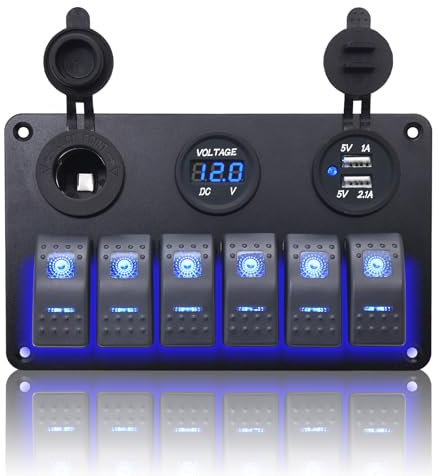 Geloo Pannello impermeabile per barca, interruttore a bilanciere a 6 marce, con presa USB da 3,1 A, presa accendisigari, voltm, per camion, barca, auto, camion