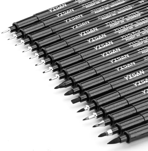 YISAN Fineliner Schwarze Zeichenstifte, Pigment Liner 16 Größen, Kunststifte, Manga-Stifte, Kalligraphie-Stifte, zum Skizzieren, technisches Zeichnen, 70351