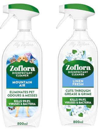Bundle of Zoflora Linen Fresh + Mountain Air Multipurpose Disinfectant Sprays 2 x 800ml, Antibacterial Multi-surface Cleaner, Pet-Friendly, Kills 99,9% of Bacteria & Viruses