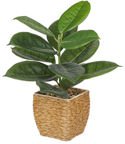 43CM Artificial Rubber Plant Ficus Elastica in Woven Basket, Faux Indoor Decorative Tropical Fake Plant, Aesthetic Room Décor for Bedroom Office Home Desk Decoration
