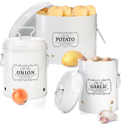 Suwimut Set of 3 Vegetable Storage Tins, Metal Potato Onion Garlic Storage Bin, Kitchen Canisters Vegetable Fresh Keeper Garlic Container Onion Keeper Potato Bin with Aerating Holes and Lid