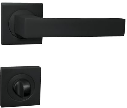 DOMINO door handle set WC - bathroom set | 4 sets for 4 pairs of doors | with square rosettes | for bathroom doors | set WC - rosette set | aluminium fittings | black lever handle set | QUBIK-QR BLACK