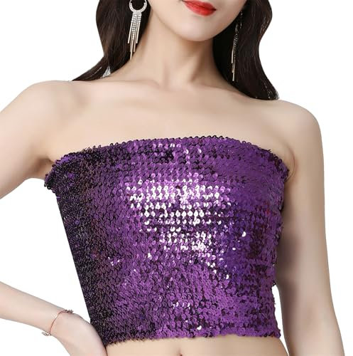 jerbro Top da donna con tubetto glitterato con paillette, top senza spalline, costume da rave da donna, top da notte, discoteca, carnevale, feste, Lilla, Taglia unica