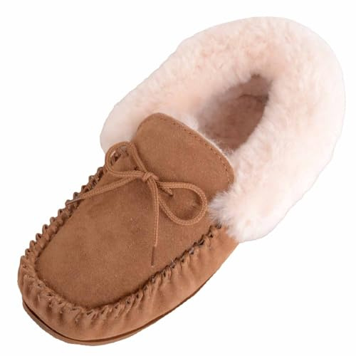 SNUGRUGS Womens Genuine Sheepskin Lined Moccasin Slipper, Rubber Sole