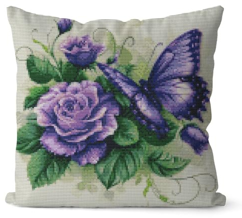 Huacan Kit Coussin au Point de Croix Fleurs Modèle 11CT Sans Noyau D'oreiller pour Débutants et Adulte 45 x 45 cm