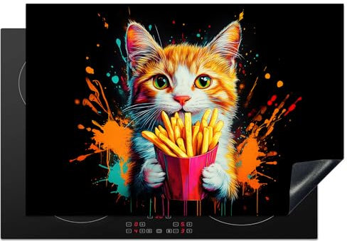 KitchenYeah© Copri Piano Cottura Induzione 77x51 cm Coprifornelli Fornello Proteggi Tutto per la Cucina Fornelli Gatto - Cibo - Patatine - Graffiti - Astratto