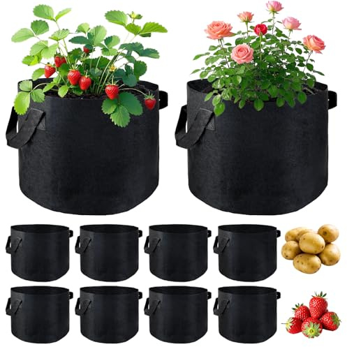 RUHUHUR 10 Pack 10 Gallon Vegetable Grow Bags for Indoor & Outdoor Gardening,Plant Grow Bags with Handles,Breathable Non-woven Durable Fabric Planting Pots for Vegetables,Herbs,and Flowers