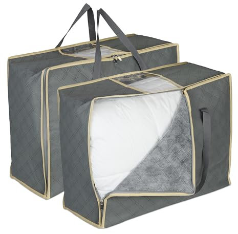 Relaxdays Aufbewahrungstasche für Bettdecken, 2er Set, 3-seitiger Reißverschluss, atmungsaktiv, Vlies, Deckenhülle, grau