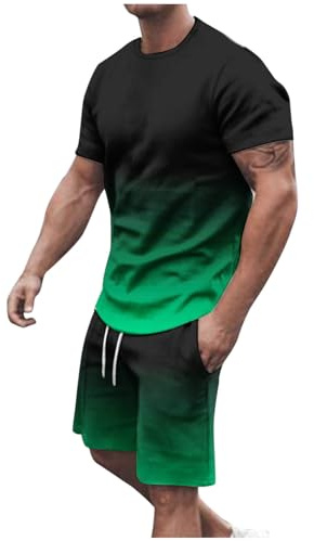 Farbverlauf Trainingsanzug für Herren Sommer Sportanzug 2 Teiliges Outfit Sport Set Kurzarm T-Shirts mit Rundhalsausschnitt + Kurze Hose Sets Freizeitanzug für Männer Laufen Sport Sweat Activewear