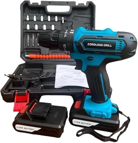 Taladro atornillador inalámbrico, 48 V, batería de litio, kit completo con 2 baterías, maletín y juego de accesorios