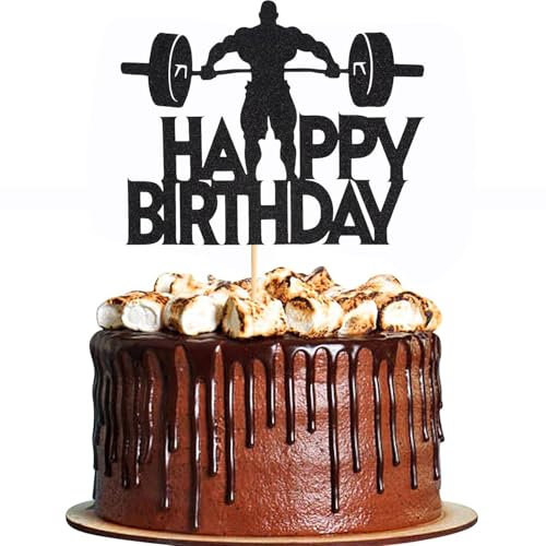 1Pcs Fitness Happy Birthday Cake Topper Gym Theme Cake TopperS Weightlifting Birthday Cake Decorations for Man Boy Sports Theme Party Supplies Black Glitter