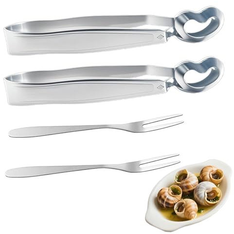 Pack of 2 Snail Tongs, Buffet Tongs, Kitchen Tongs, Stainless Steel Serving Tongs + 2 Pieces Stainless Steel Snail Fork, Fruit Forks for Snails Bowls, Crustaceans, Cutlery, Kitchen Aid (Silver2)