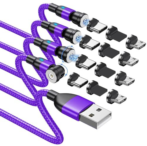 BITHAI 4 Pack Magnetic Charging Cable - 360 Rotating Phone Charger Magnetic Connectors Compatible For Most Devices - Nylon Braided Cable - 3in1 Charger Micro Type C USB (10ft*4)