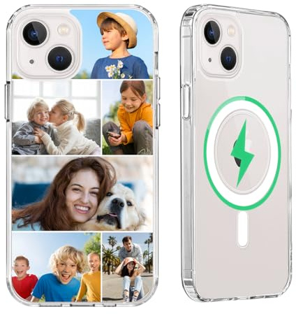 Design Your Magnetic Phone Case for iPhone 14 [Compatible with Magsafe] Custom Multi-Photos Personalized Collage Picture Cover Military Drop Protection Shockproof Rugged Bumper Slim Thin Shell, Clear