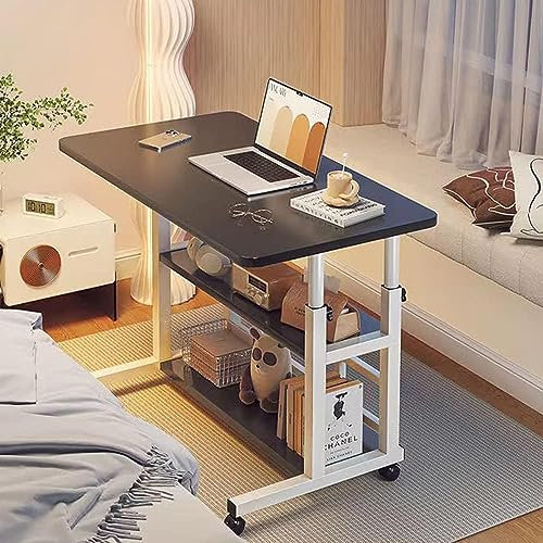 NEW-YIJUNSHUN Height Adjustable Mobile Table 40x60-(60-90) cm 3 Tier Movable Computer Desk Workstation Laptop Overbed Multi Table with Metal Frame & Rolling Castors (Black)
