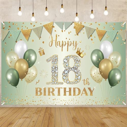 18. Geburtstag Banner Grün Gold 18. Geburtstagsbanner 18 Hintergrund Banner 18 Jahre Happy Birthday für 18 Mädchen Jungen Geburtstagsfeier Deko 180 * 110cm