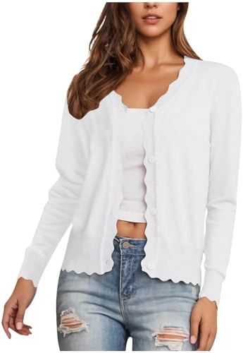 Generisch Leichte Sommer Strickjacke Damen Strickjacke mit V‑Ausschnitt & Knopfleiste – Lange Ärmel, Rippstrick & Scallop‑Details, Leicht & Locker – Cardigan für Freizeit & Büro Weiß