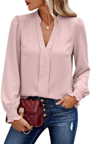 Theenkoln Blusen für Damen 2026 Herbst Elegant V-Ausschnitt Winter Oberteile Casual Langarmshirt Hemdshirt Longshirt Rosa XL