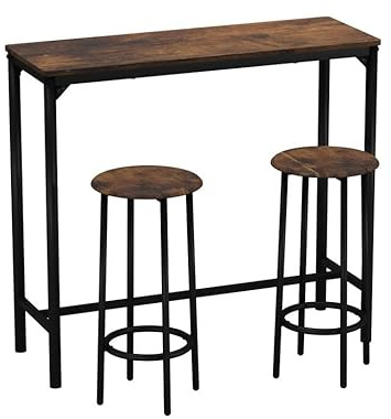 URBNLIVING CANCUN Bar Table and Stools Set – Industrial Kitchen Dining Breakfast Counter Furniture with 2 or 4 Chairs, Space-Saving Design for Home & Small Spaces - 3 Piece - Rustic Brown