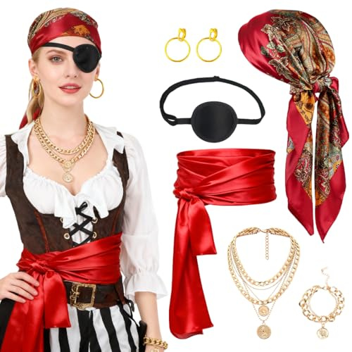 HUKUMA Piratenkostüm Damen Zubehör, Piraten Kostüm Frauen, Pirate Accessories mit Piratin Kopftuch Piratenschmuck Augenklappe Ohrringe Halskette, für Halloween Karneval Fasching