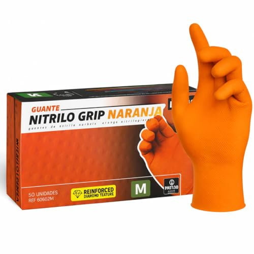 50 Guantes Nitrilo Diamantados Naranjas M - Guantes Trabajo (Sin latex)