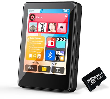 64GB MP3 Player with Bluetooth, Music Player with Built-in HD Speaker, MP3 Player for Kids, FM Radio, Voice Recorder, HiFi Sound, E-Book Function, Earphones Included Jet Black