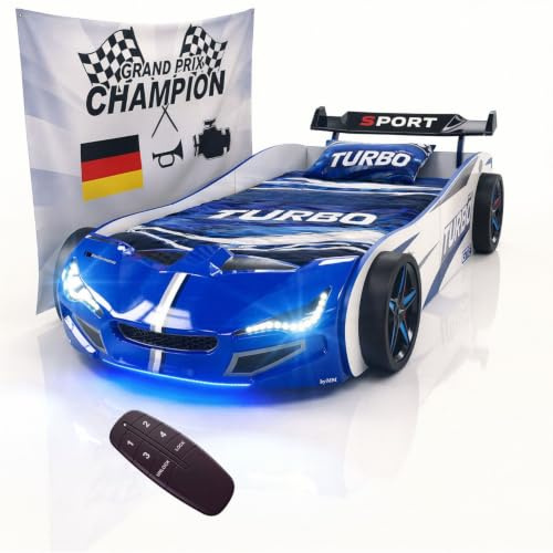 Coemo Autobett GTE Kinderbett 90x200 Rennwagenbett, Farbe Blau | Sound Hupe Motor, LED-Leuchte Bett Sportwagen-Design Spoiler, Rennwagen Design, Racing-Aufklebern und markanter Fahrzeugfront