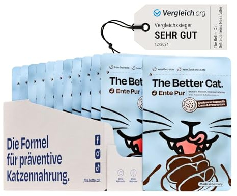 The Better Cat - Getreidefreies Nassfutter mit extra hohem Fleischanteil - Premium Katzenfutter ohne Getreide und ohne Zucker mit Präbiotika und TruPet Postbiotika (Ente) 12x85g