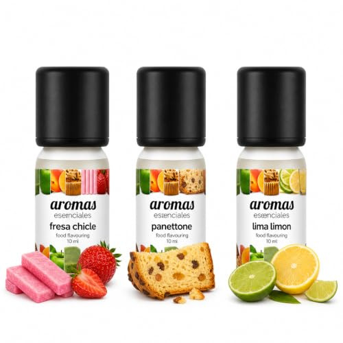 Aromas Alimentarios Concentrados Pack 3 x 10 ml Fresa Chicle + Panettone + Lima Limón | Esencias para Reposteria, Bebidas, Postres y Cocina