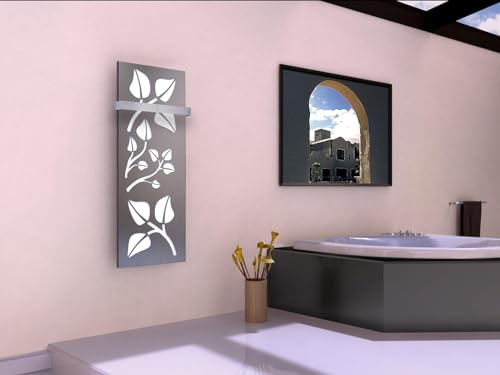 Badheizkörper Design Leaves 2, HxB: 120 x 47 cm, 799 Watt, weiß/Edelstahl mattiert + 1 Handtuchhalter (Marke: Szagato) Made in Germany/Bad und Wohnraum-Heizkörper (Mittelanschluss)