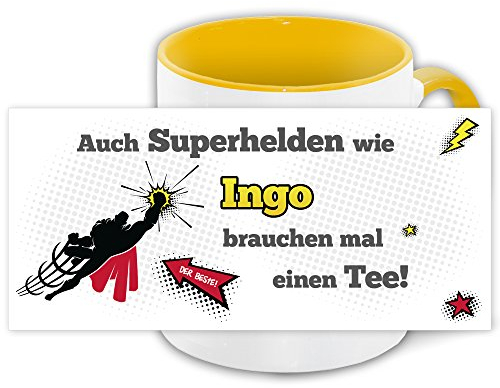 Namens-Tasse Ingo mit Superhelden-Motiv für Teetrinker, gelb/weiss