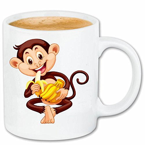 Kaffeetasse FRÖHLICHER SCHIMPANSE MIT BANANEN MONKEY SCHIMPANSE AFFE GORILLA SILBERRÜCKEN MENSCHENAFFE CHARLY AFFEN KING KONG Keramik 330 ml in Weiß