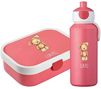 4youDesign Set: Pinke Brotdose & Trinkflasche für Kinder -BÄR mit Krone- personalisiert mit Namen – inkl. Bento Box, Gabel & Pop-Up Flasche, Einschulung (Pink)