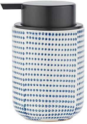 WENKO Seifenspender Nole, nachfüllbarer Seifendosierer für Flüssigseife und Lotion aus hochwertiger Keramik in Weiß mit blau-Gepunkteter Oberfläche, handbemalt, Ø 7,5 x 13 cm, Füllmenge 300 ml