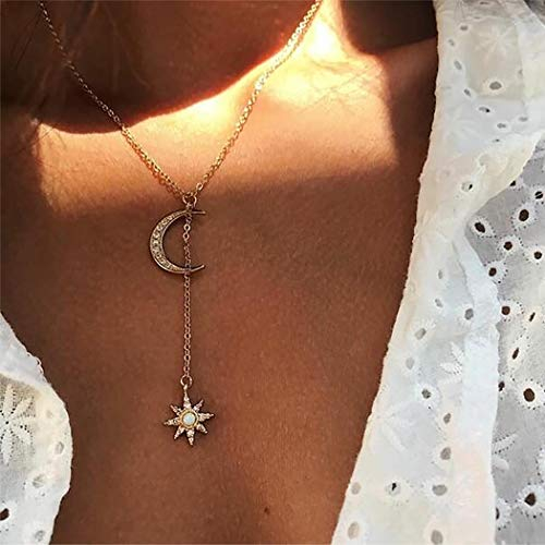 Handcess Boho-Halskette mit Sonnen-Anhänger, Mond- und Kristall-Ketten, Schmuck für Damen und Mädchen (goldfarben)