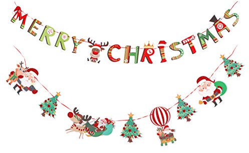 Amosfun 2 Stücke Weihnachten Banner Weihnachtsbaum Girlande Merry Christmas Buchstaben Bunting Banner Party Fotorequisiten für Kamin Deko Baumschmuck Weihnachtsdeko Weihnachtsschmuck