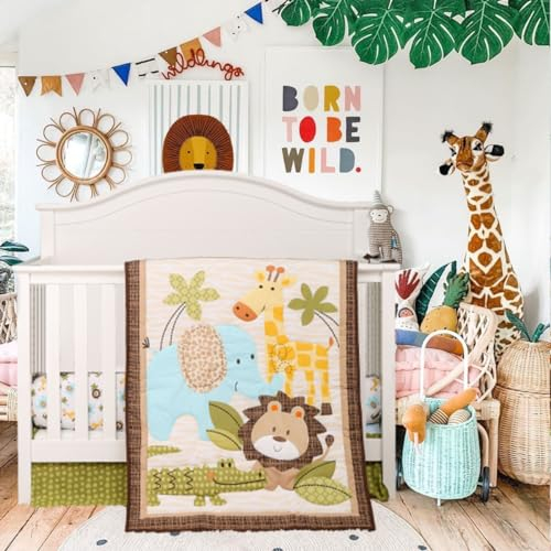 Brandream Babybett-Bettwäsche-Set, Dschungel-Safari, Baby-Jungen-Kinderzimmer-Bettwäsche-Set – Elefant, Löwe, Giraffe, Tierbett, Bettdecken-Set, Spannbetttuch, Krippen-Rock, 3-teilig, Grün/Gelb/Minze