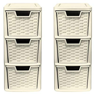 3 Drawer Medium Rattan Tower Unit - Cream, Set of 2 Units - 47cm (H) x 19cm (W) x 26cm (D)