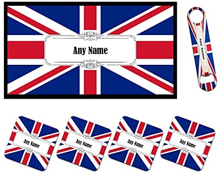 Personalised Union Jack Flag Gifts Great Britain Bar Runner Mat, Matching Bottle Opener & 4 x Drinks Coasters Gift Set|Beer Home Accessories for Pub Bars Man Cave Him Her|BRS-RA793|ADD ANY NAME/TEXT