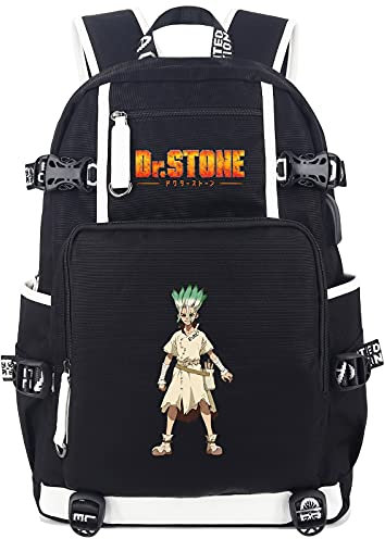 Roffatide Anime Dr.STONE Ishigami Senkuu Rucksack für Jungen Laptop-Schultasche Daypack mit USB-Ladeanschluss & Kopfhöreranschluss Schwarz
