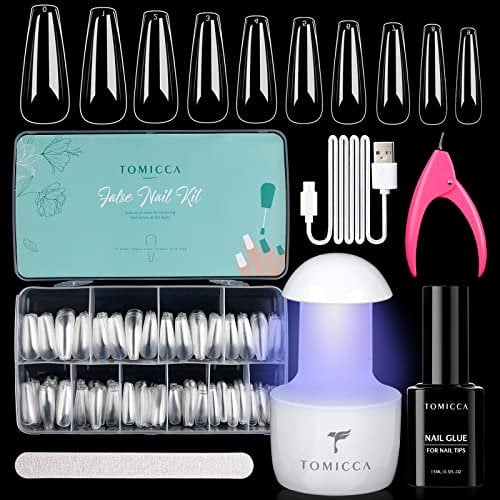 TOMICCA Nail Tips and Glue Gel Kit,Nail Extension Kit-4 In 1 Nail Glue and Base Gel,500Pcs Coffin Nails with Portable LED Nail Lamp DIY Nail Art Acrylic Nail Starter Kit Easy Nail Extension Set Gifts